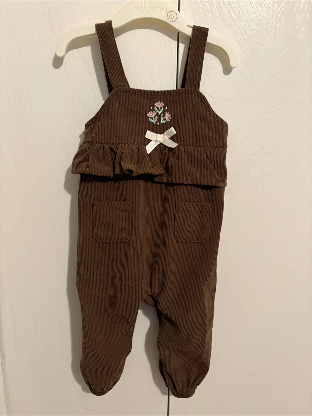 Baby Starters Brown Corduroy Ruffle Strap Overalls with Embroidered Flowers